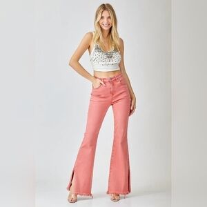 Risen High Rise Pink Peach Split Hem Flare Jeans Barbiecore Stretch Various New